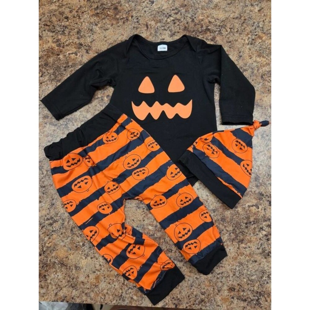 Baby Halloween Pumpkin 3 Piece Outfit Set Bodysuit Pants Hat 12-18M
